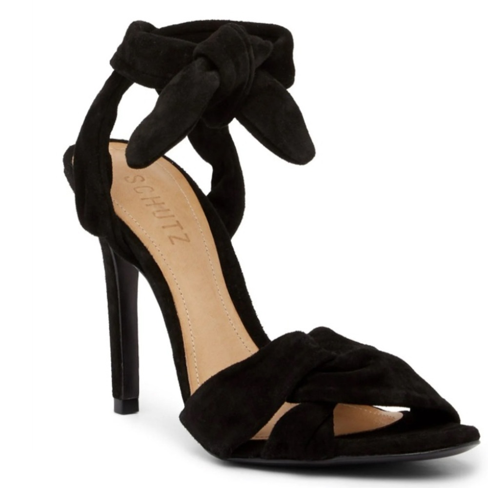Schutz Monia black suede ankle wrap bow tie high heels size 6